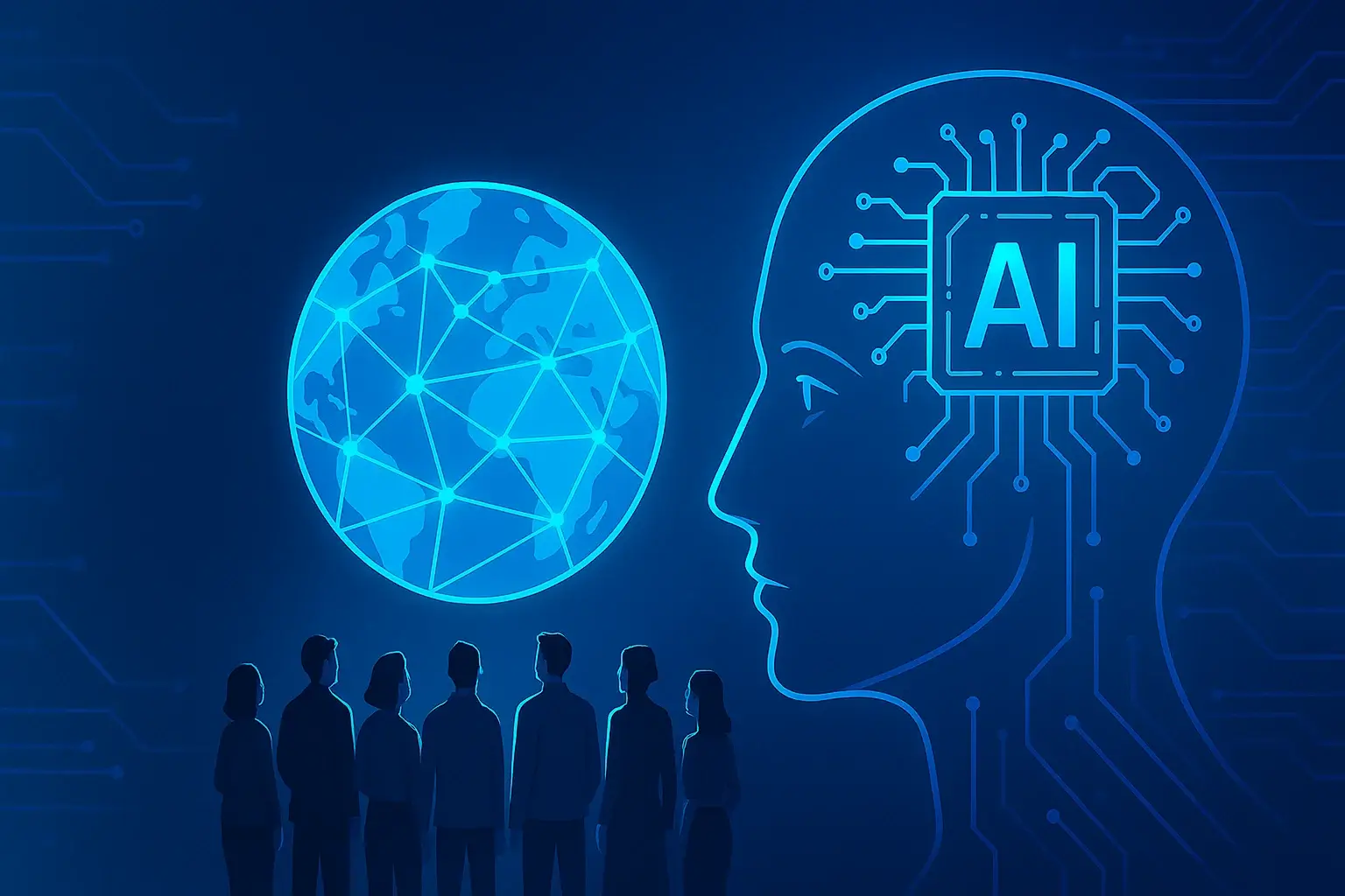 رسم تخيلي لروبوت يستخدم الذكاء الاصطناعي لتحليل البيانات الرقمية في بيئة رقمية مستقبلية ai