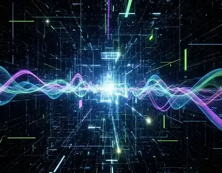 الواقع المعزز (AR) والواقع الافتراضي (VR): غوص في عوالم المستقبل الرقمية وتطبيقاتها الثورية موجات طاقة رقمية متوهجة باللونين الأزرق والبنفسجي تتدفق عبر شبكة معقدة ثلاثية الأبعاد، تمثل الفضاء الرقمي.الواقع المعزز (AR) والواقع الافتراضي (VR)