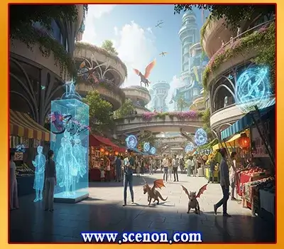 الواقع المعزز (AR) والواقع الافتراضي (VR): غوص في عوالم المستقبل الرقمية وتطبيقاتها الثورية ساحة سوق مستقبلية مزدحمة بالناس، الواقع المعزز (AR) والواقع الافتراضي (VR) تظهر فيها أكشاك تقليدية بجانب شاشات عرض هولوغرافية ثلاثية الأبعاد وتنانين صغيرة تمشي بين المارة.
