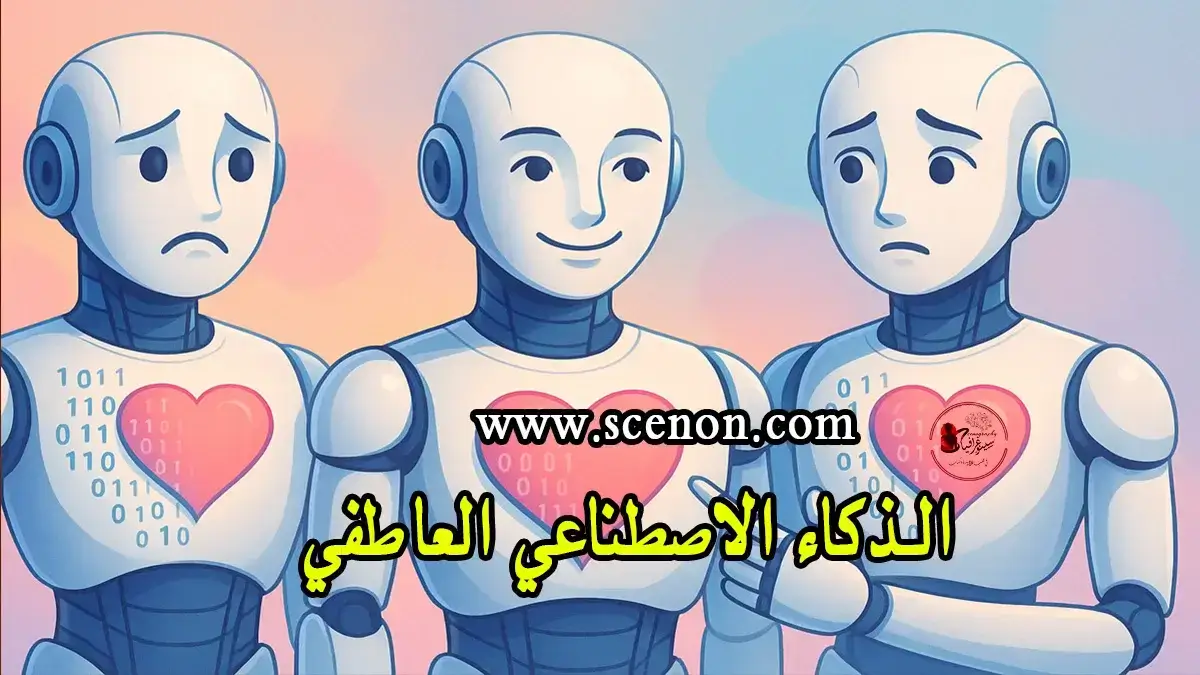 ثلاثة روبوتات بتعابير وجه مختلفة سعيد، حزين، محايد مع قلوب رقمية نابضة ترمز للمشاعر.