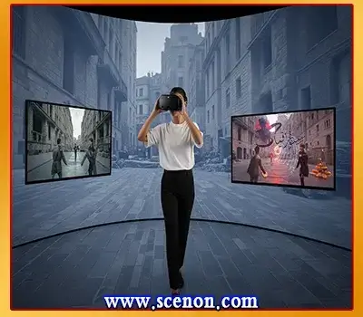 الواقع المعزز (AR) والواقع الافتراضي (VR): غوص في عوالم المستقبل الرقمية وتطبيقاتها الثورية الواقع المعزز (AR) والواقع الافتراضي (VR) شابة ترتدي نظارة واقع افتراضي وتقف في غرفة ذات شاشات منحنية تعرض مشاهد من عوالم افتراضية مختلفة.