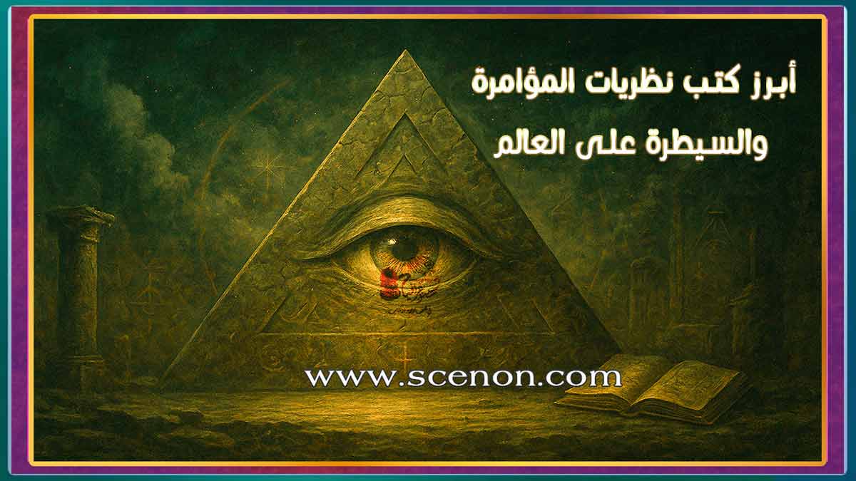 غلاف كتاب يظهر هرمًا بعين تتوسطه (العين المتنورة أو عين العناية الإلهية)، مع عبارة "أبرز كتب نظريات المؤامرة والسيطرة على العالم" باللغة العربية، أبرز كتب نظريات المؤامرة والسيطرة على العالم.