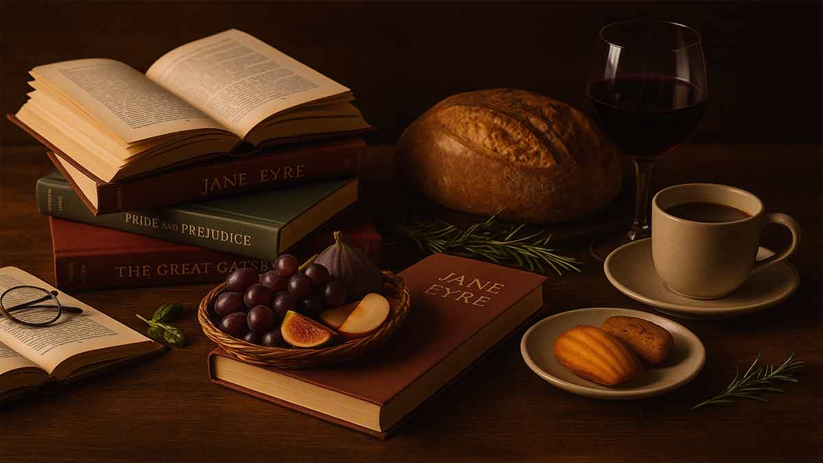 غلاف كتاب يجمع بين روايات "كبرياء وتحامل" و"غاتسبي العظيم" مع تركيز على وصفات الطعام في الأدب الكلاسيكي الطعام في الأدب