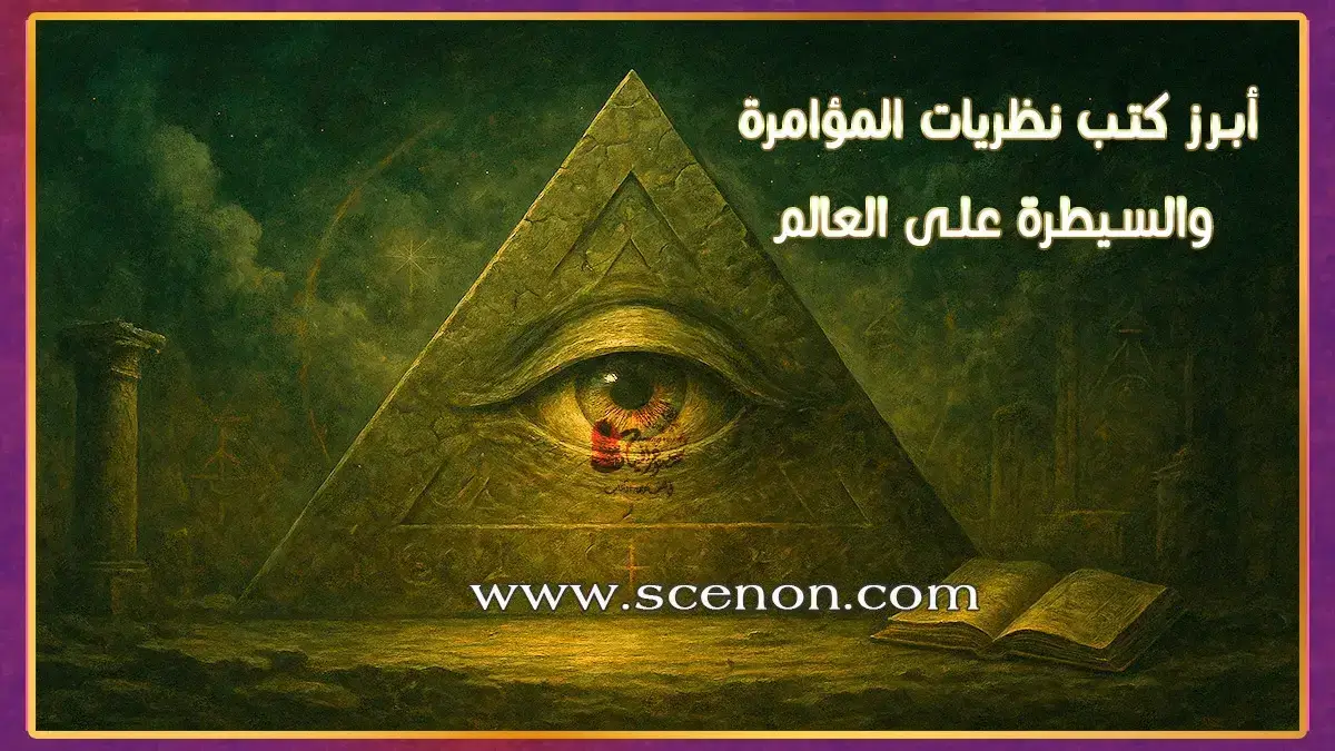 غلاف كتاب يظهر هرمًا بعين تتوسطه (العين المتنورة أو عين العناية الإلهية)، مع عبارة "أبرز كتب نظريات المؤامرة والسيطرة على العالم" باللغة العربية، أبرز كتب نظريات المؤامرة والسيطرة على العالم.