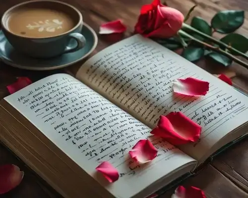اقتباسات عن الحب من الكتب والروايات كتاب مفتوح مع كتابة يدوية، مزين ببتلات الورد ووردة حمراء، وبجانبه فنجان قهوة، كصورة رمزية لمقالة عن اقتباسات عن الحب من الكتب والروايات.