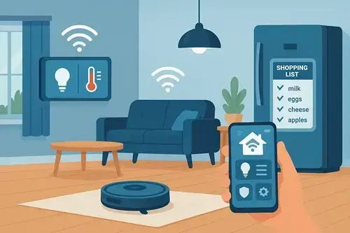 إنترنت الأشياء (IoT): رحلة إلى عالم الغد المتصل الذي نعيشه اليوم شاشة ذكية في منزل عصري تعرض قائمة تسوق آلية (حليب، بيض، جبن، تفاح) من خلال أجهزة IoT