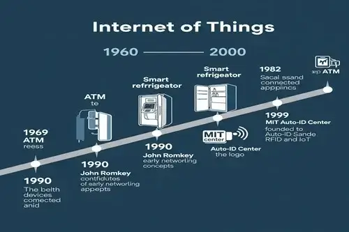 إنترنت الأشياء (IoT): رحلة إلى عالم الغد المتصل الذي نعيشه اليوم خط زمني يوضح تطور إنترنت الأشياء من عام 1960 إلى 2000، يبرز أحداثًا رئيسية مثل ظهور أجهزة الصراف الآلي (ATM) في 1969، الثلاجة الذكية في 1982، ومساهمات جون رومكي، وتأسيس مركز MIT Auto-ID في 1999.