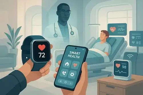 إنترنت الأشياء (IoT): رحلة إلى عالم الغد المتصل الذي نعيشه اليوم أجهزة ذكية متصلة تعرض بيانات صحية مثل معدل ضربات القلب (72) وضغط الدم (98/88) ودرجة الحرارة (89)