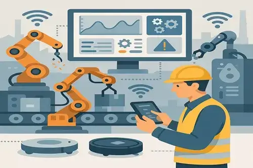 إنترنت الأشياء (IoT): رحلة إلى عالم الغد المتصل الذي نعيشه اليوم رسم توضيحي لشعار إنترنت الأشياء الصناعية (IIoT) يظهر أيقونات الاتصال اللاسلكي، والروبوتات الصناعية، وخط إنتاج آلي، وعامل يراقب العمليات عبر جهاز لوحي.