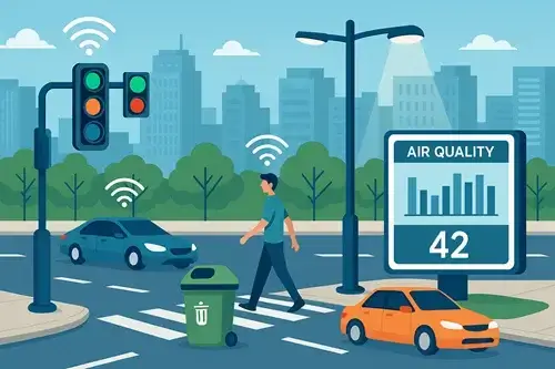 إنترنت الأشياء (IoT): رحلة إلى عالم الغد المتصل الذي نعيشه اليوم شاشة رقمية في مدينة ذكية تعرض بيانات جودة الهواء (مؤشر 42) باستخدام أجهزة IoT.